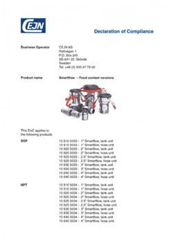 Smartflow - food-contact versions - Declaration of Compliance